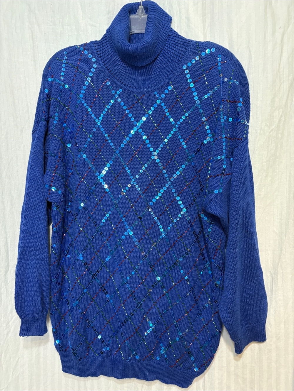 Vintage 80-90’s Leslie Fay Royal Blue Sequin Argyle Turtleneck Sweater
